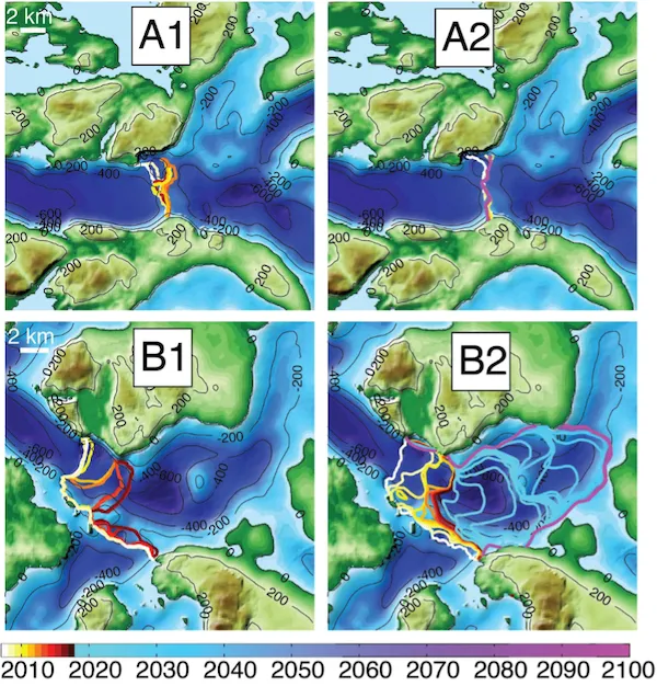 Observed and modeled glacier front